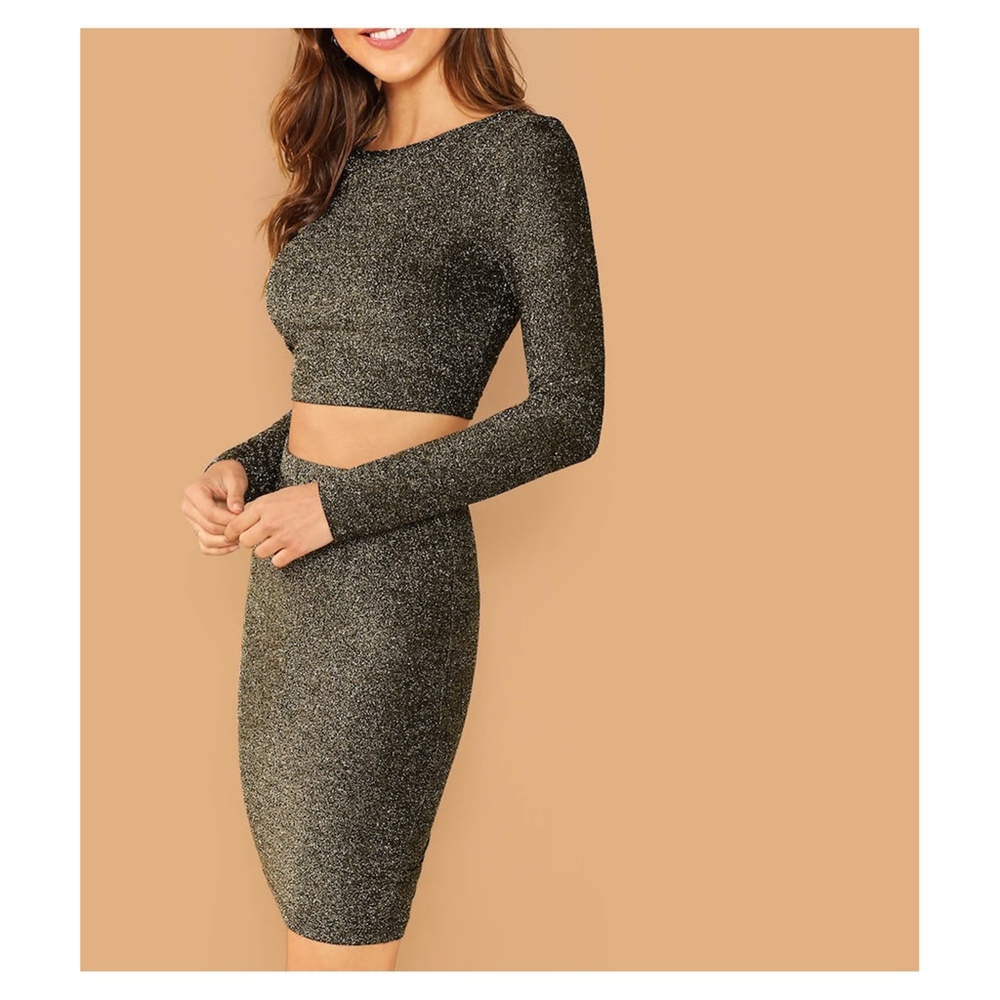 Black Gold Glitter Two Piece Dress Crop Top Skirt - Picture 3 of 6